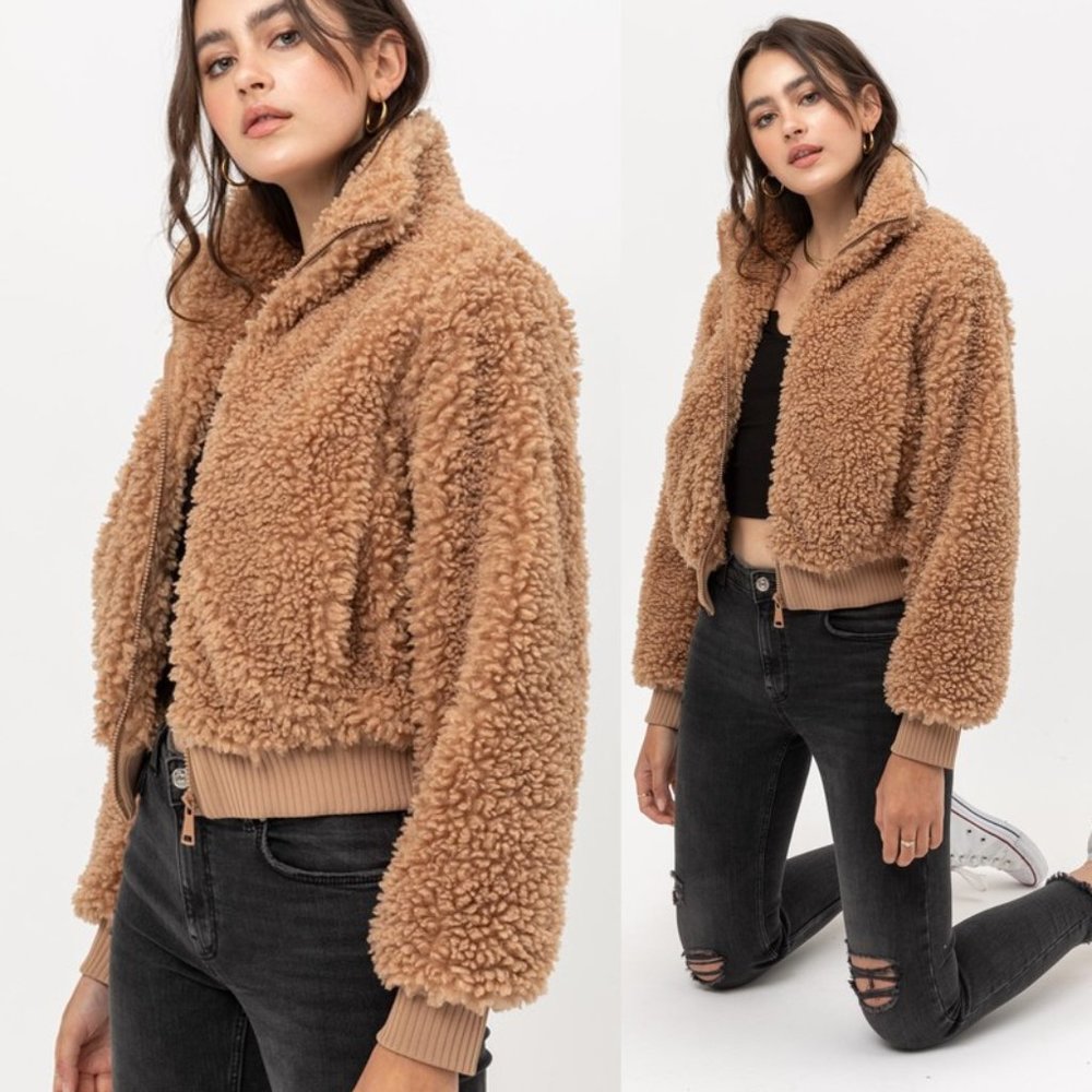 NEW Camel Cozy Soft Fluffy Fur Teddy Bomber Jacket